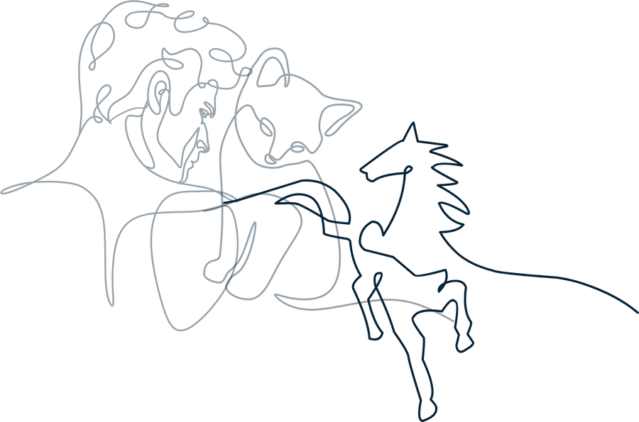 Illustrazione a linea continua di un cane, un gatto e un cavallo